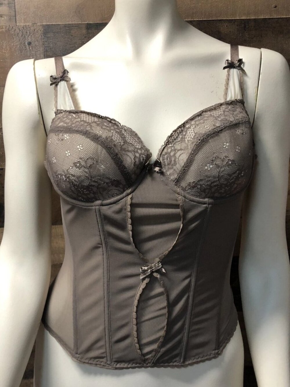 Soma Bustier Corset 34C Brown Lace Sheer Mesh Boned Underwire Lingerie Top